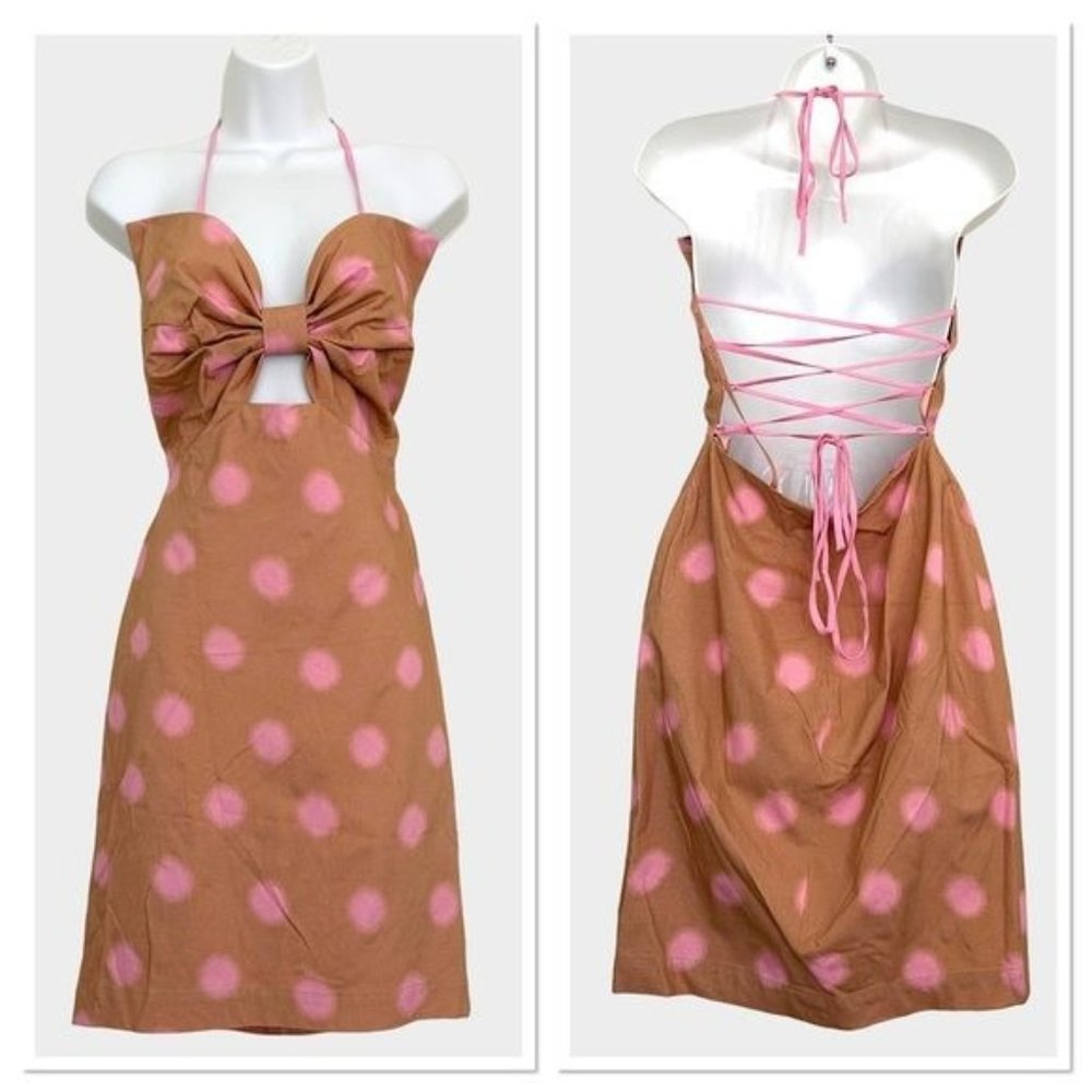 RAISSA Lace up Open Back Cut out Mini Dress in Pink Bronze Polka Dot XS-S NWT